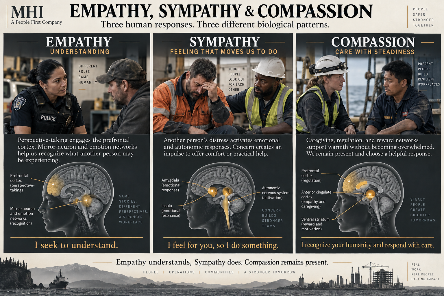 MHI visual explaining empathy, sympathy and compassion as three different human responses.
