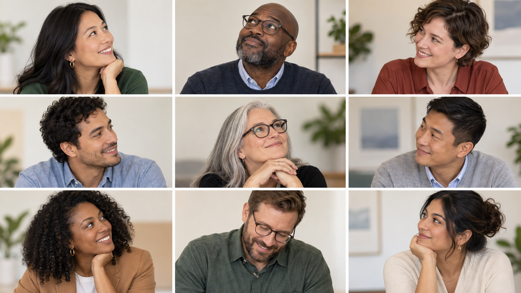 A grid of people in workplace conversations, looking up, down, and across.